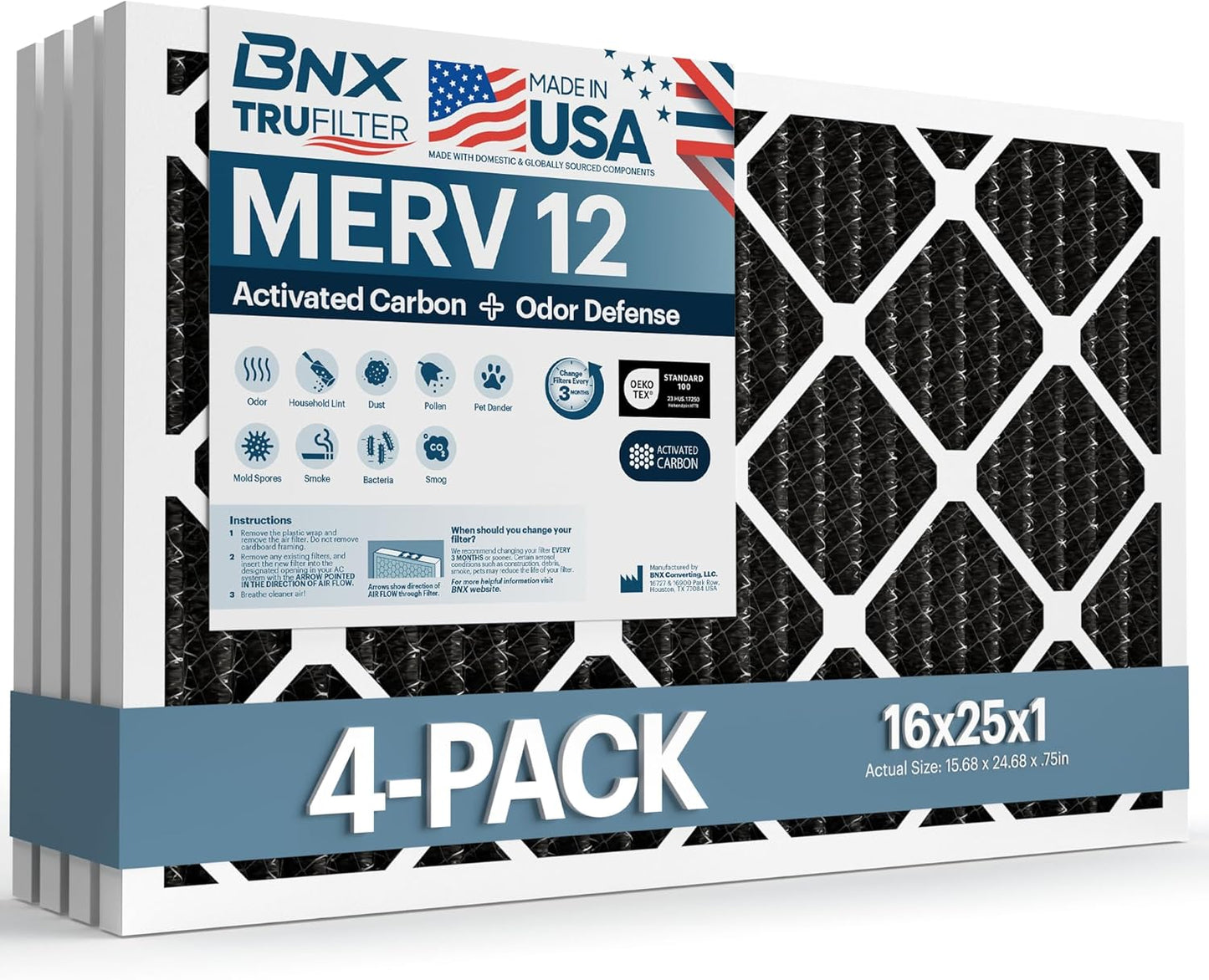 BNX TruFilter 16x25x1 MERV 12 Odor Defense Air Filter Pack