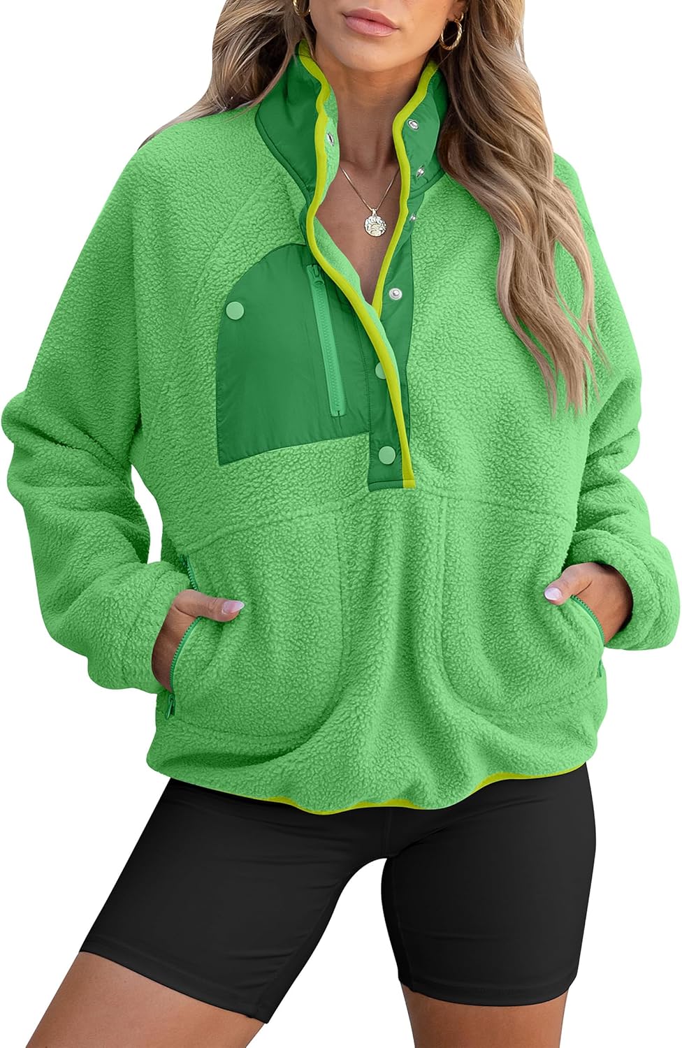 Fuzzy Fleece Pullover Sherpa Sweatshirt with Pockets for Women