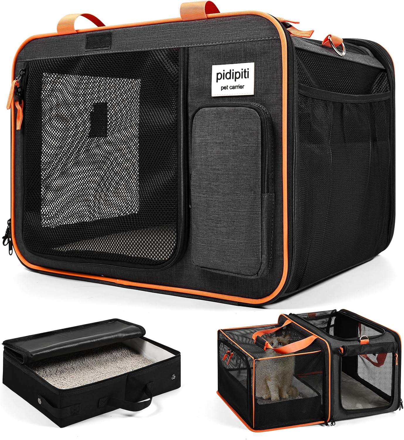 Expandable Cat Car Travel Carrier with Portable Litter Box