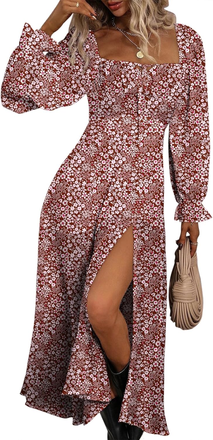 Womens Casual Square Neck Long Sleeve Boho Floral Midi Dress