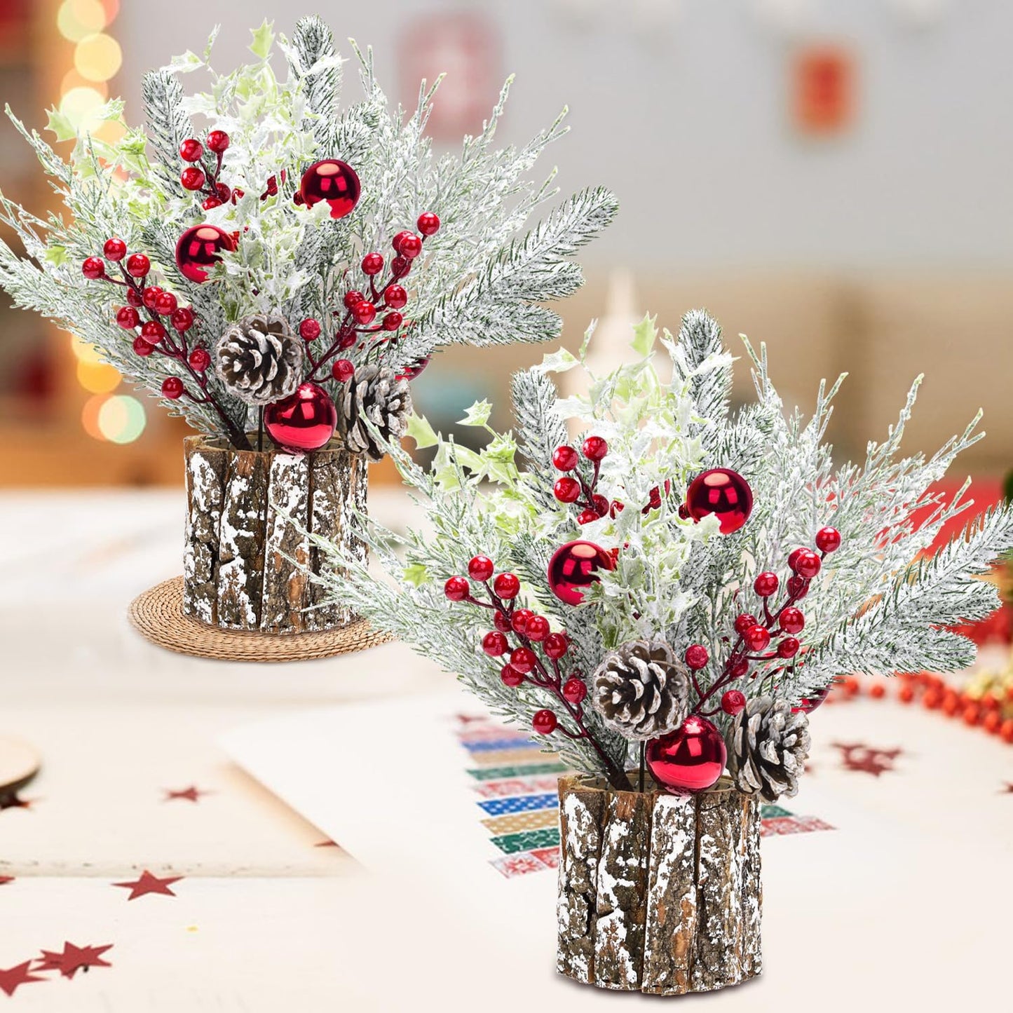 14 Inch Christmas Table Decorations with Lights and Pine Cones