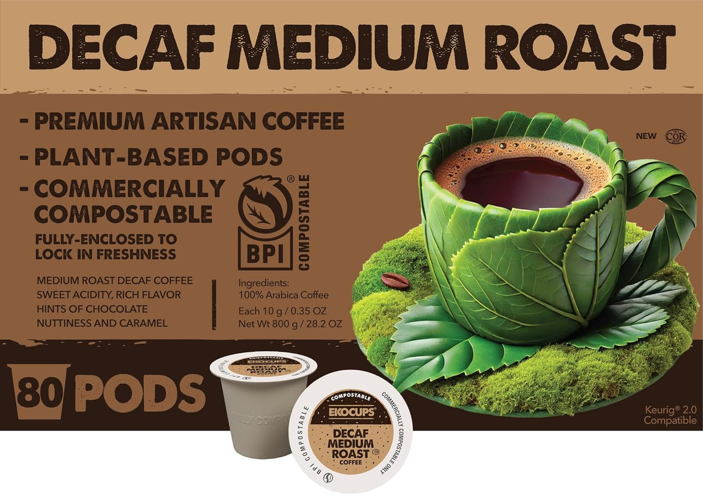Ekocups Decaf Medium Roast Coffee Pods for Freshness-Sealed Brew