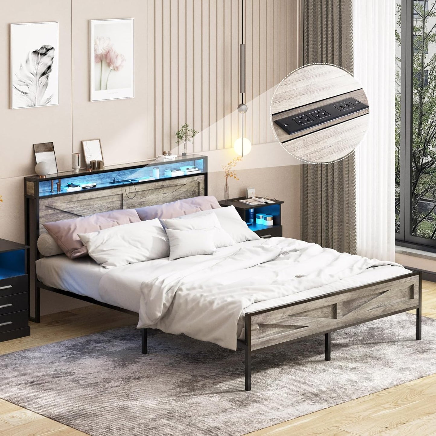 LED King Size Bed Frame with Charging Station and Storage