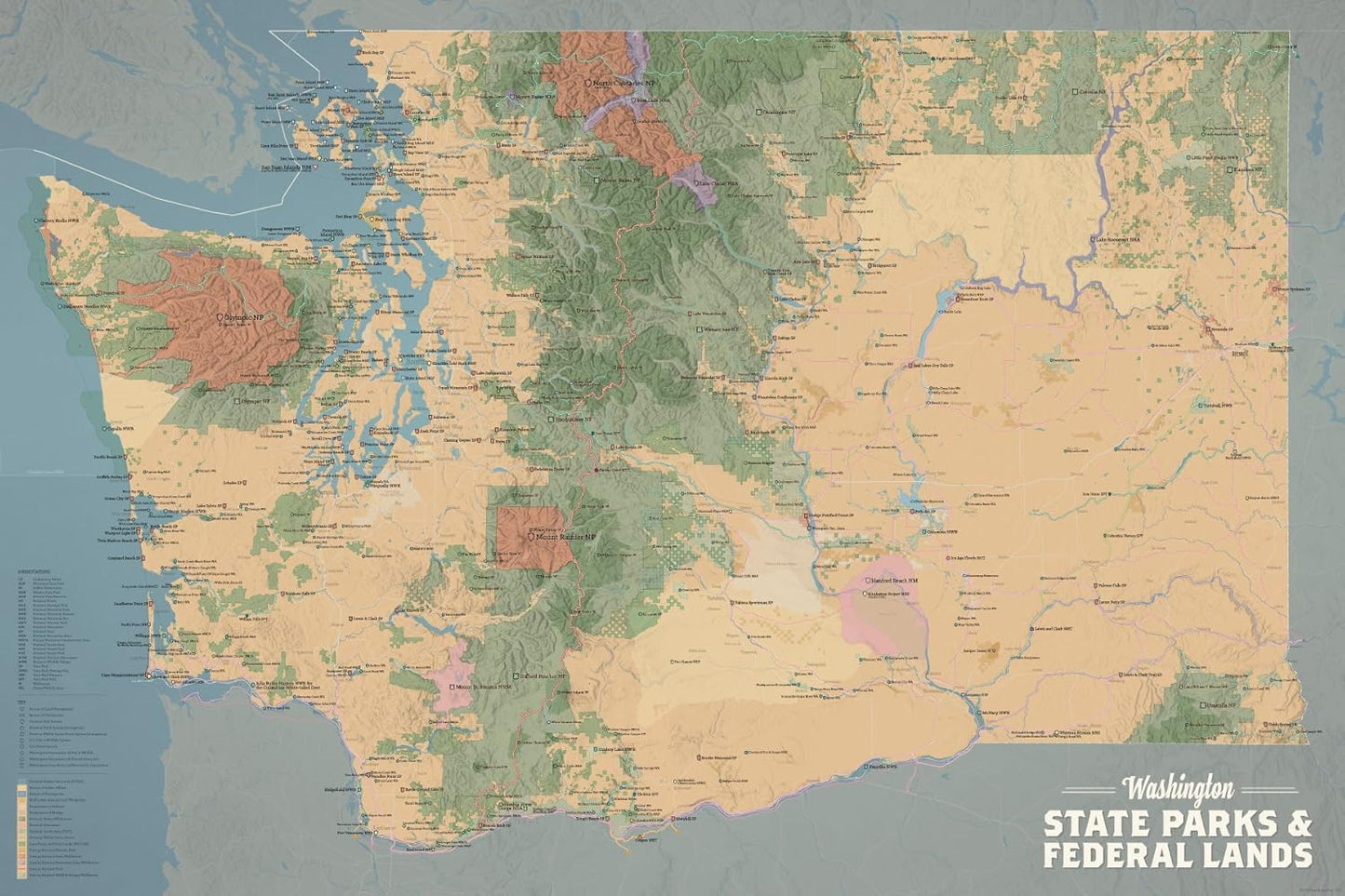 Washington State Parks & Federal Lands Map Poster for Adventure