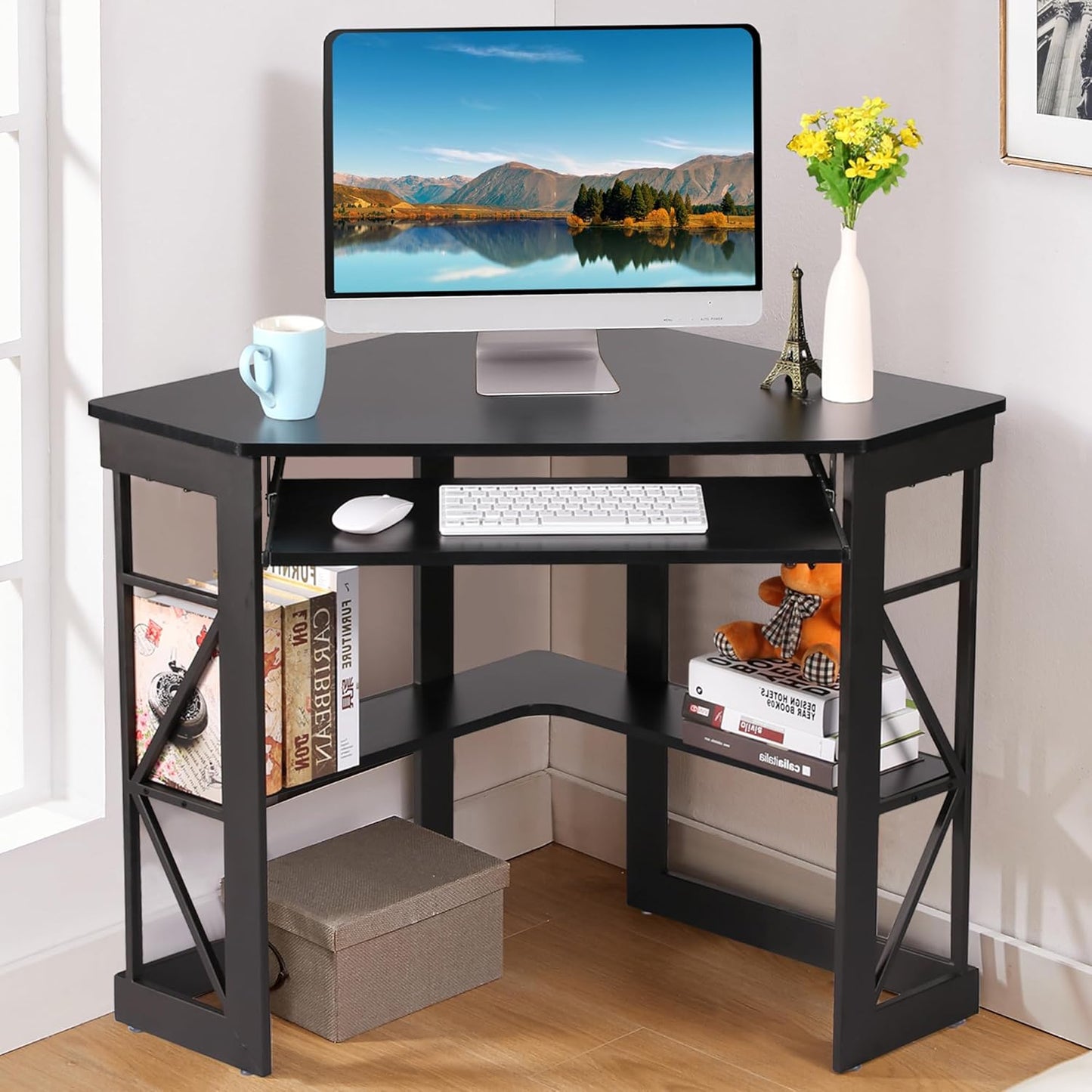 Space-Saving Triangle Desk with Keyboard Tray