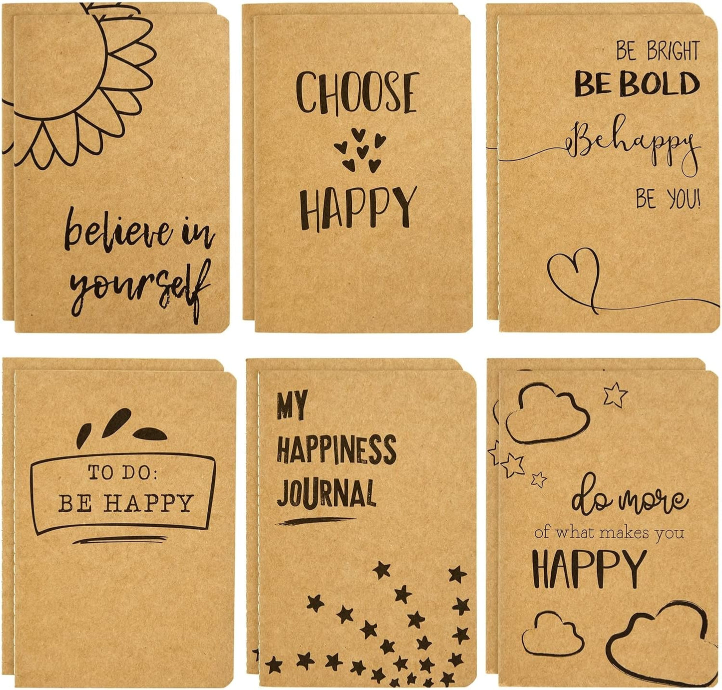 Kraft Paper Lined Notebooks - 6 Happy Designs - Pack of 12