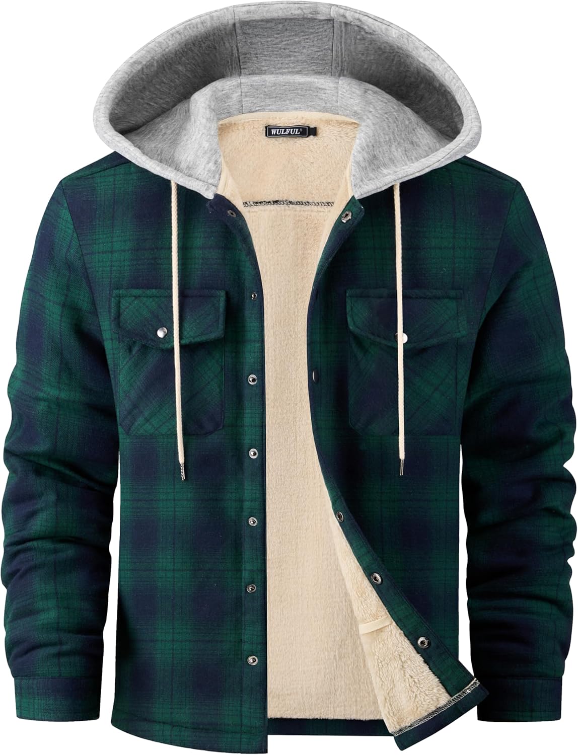 WULFUL Men's Flannel Plaid Shirt Jacket with Hood for Winter