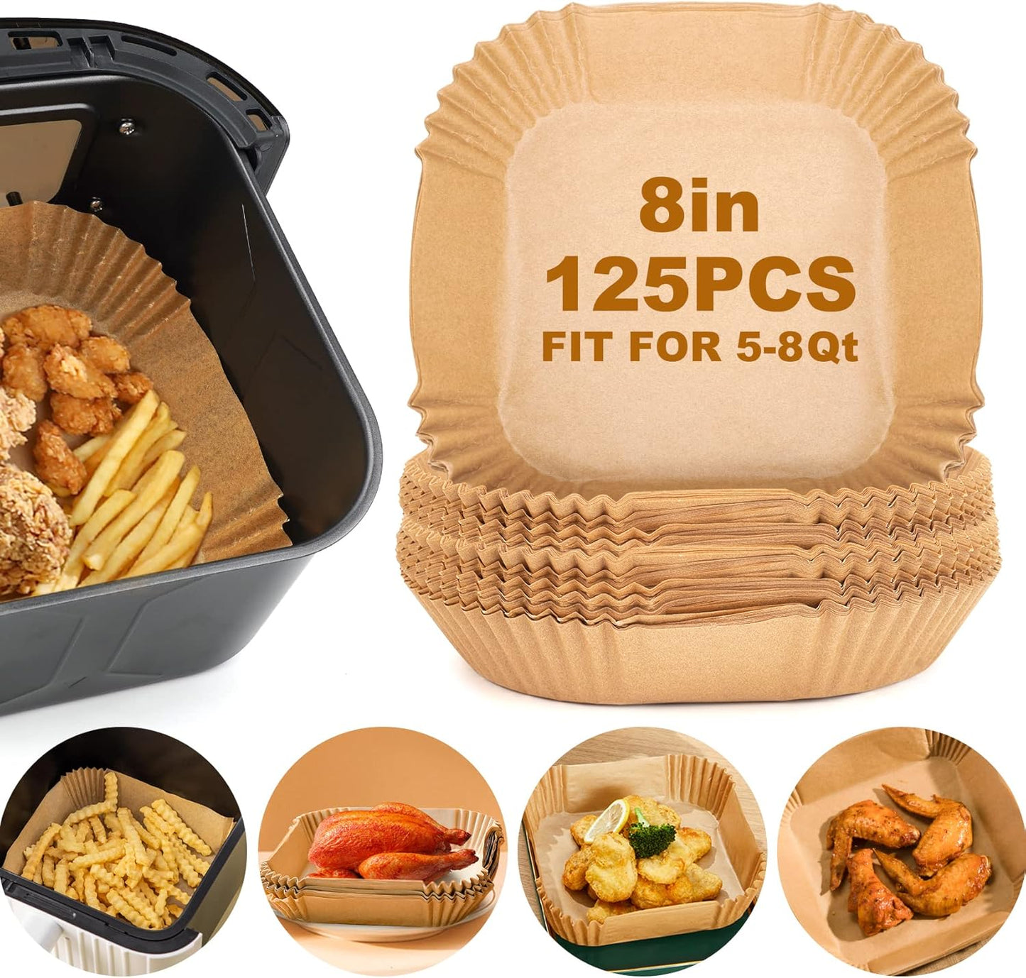 Non-Stick Air Fryer Liners - 125 Pcs, Bleach-Free, 8IN