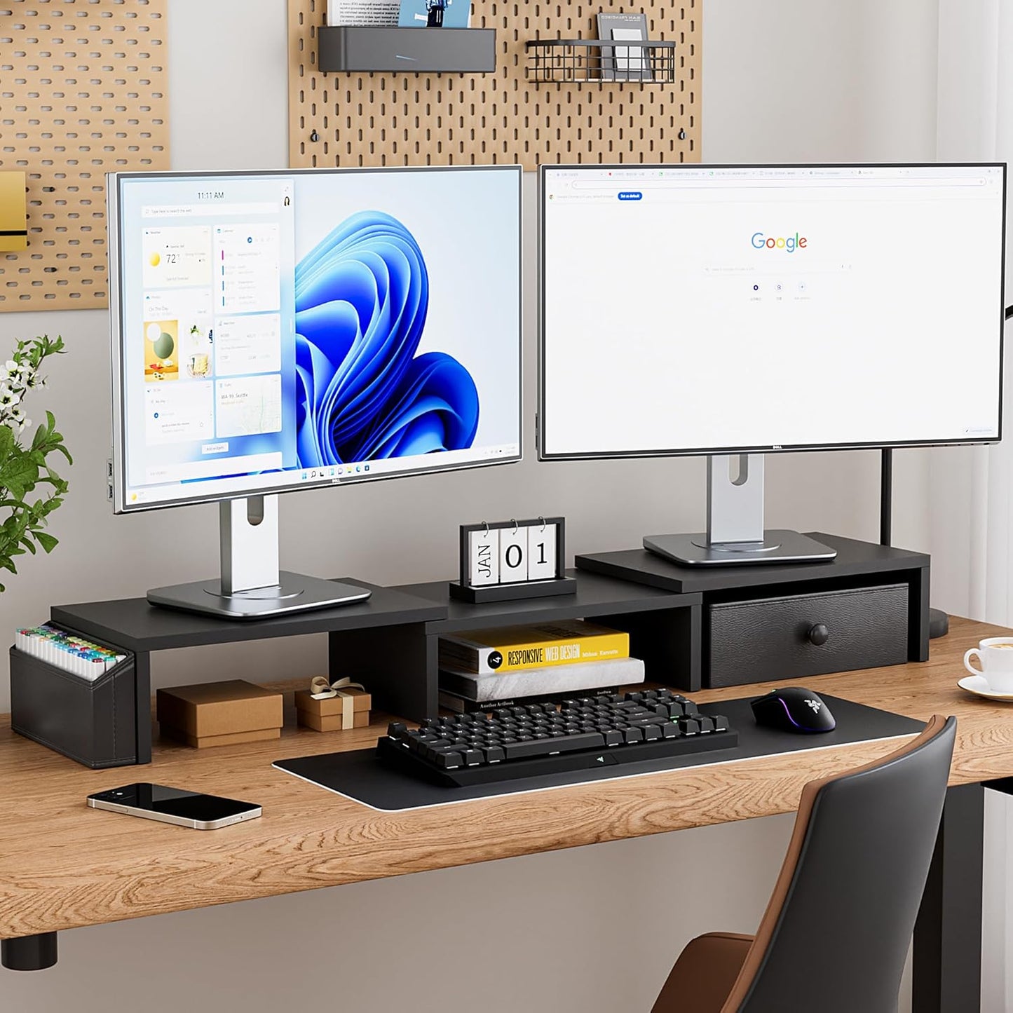 Dual Monitor Stand Riser with Adjustable Length and Ergonomic Design