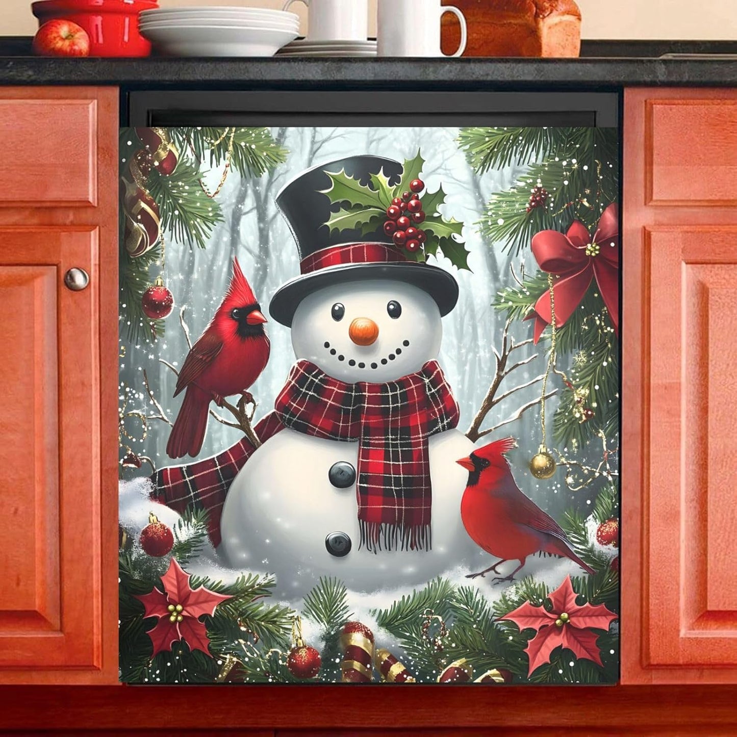Snowman Cardinal Bird Dishwasher Magnet Cover Decorative Panel