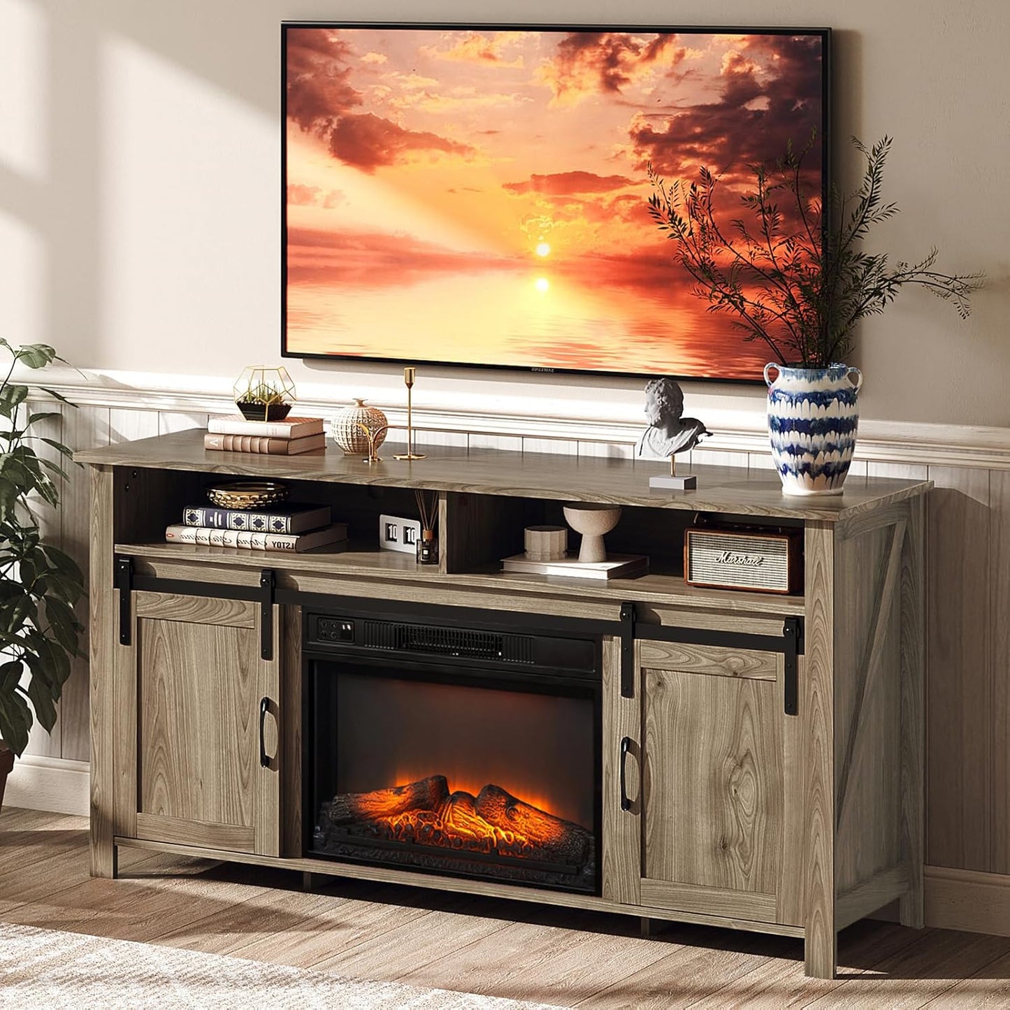VINGLI Fireplace TV Stand with Sliding Barn Door for 70 Inch TV