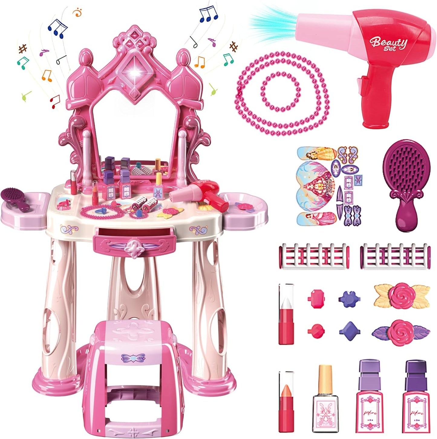 Pretend Play Girls Makeup Table Set with Stool for Toddlers