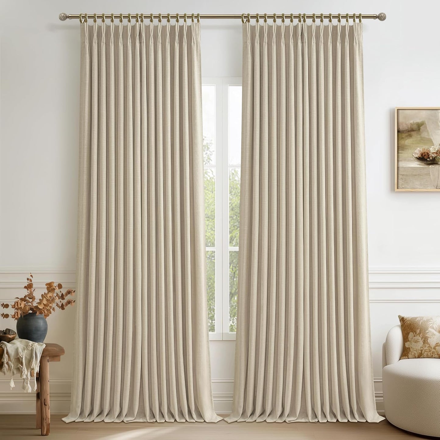 Elegant Warm Beige Linen Blend Room Divider Curtains Set