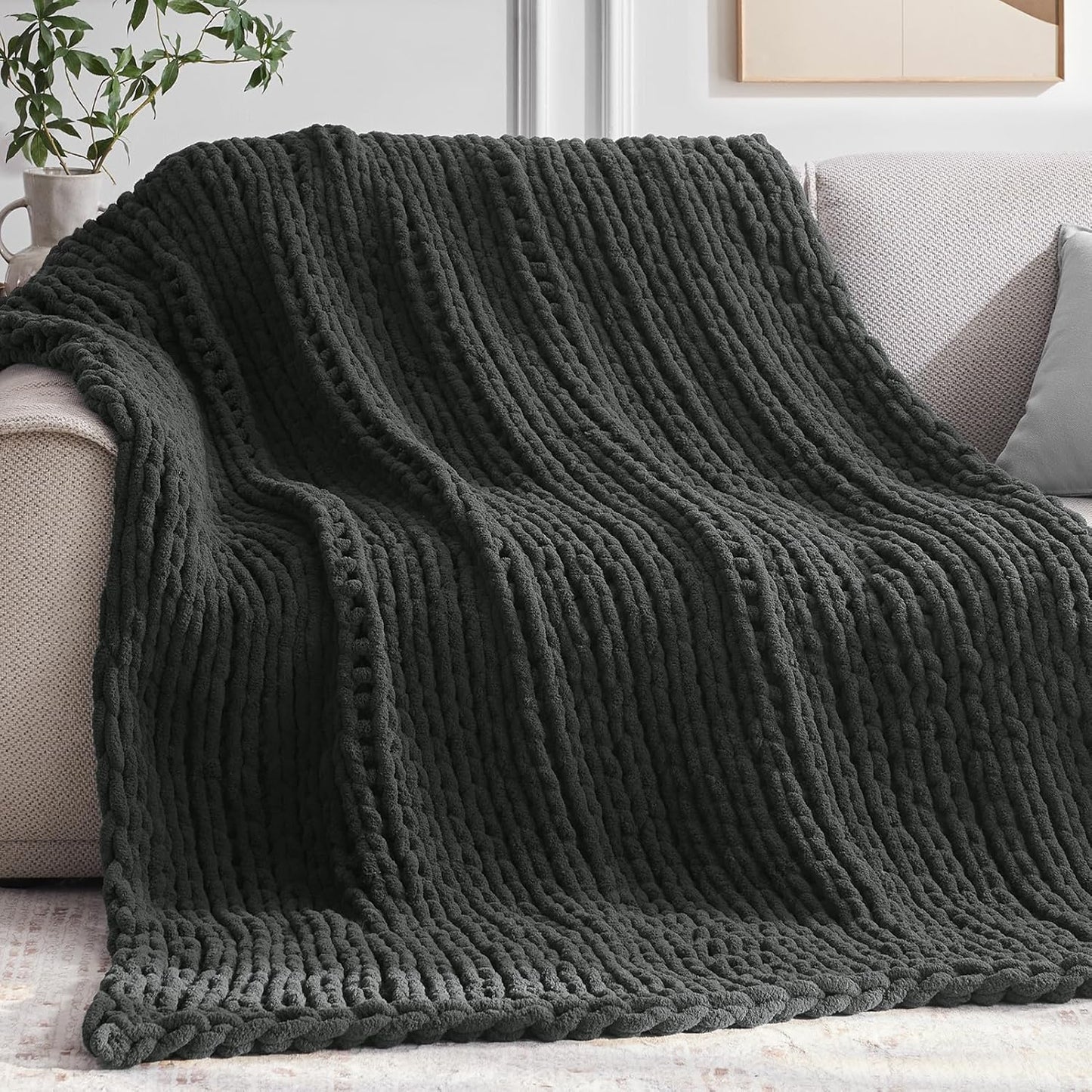 Chunky Knit Throw Blanket for Bed Couch - Handmade Dark Grey