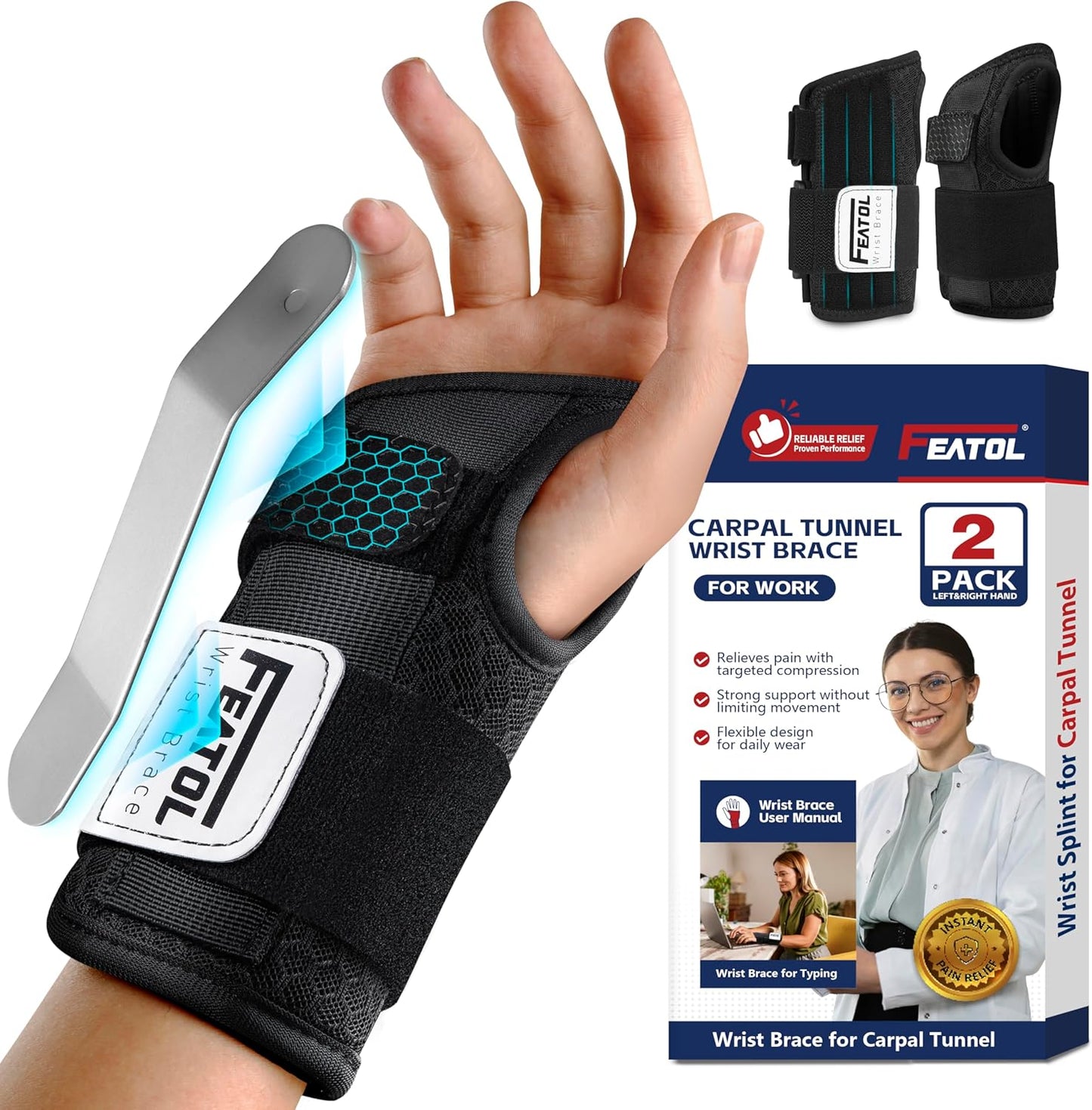 FEATOL Carpal Tunnel Wrist Brace for Pain Relief and Support