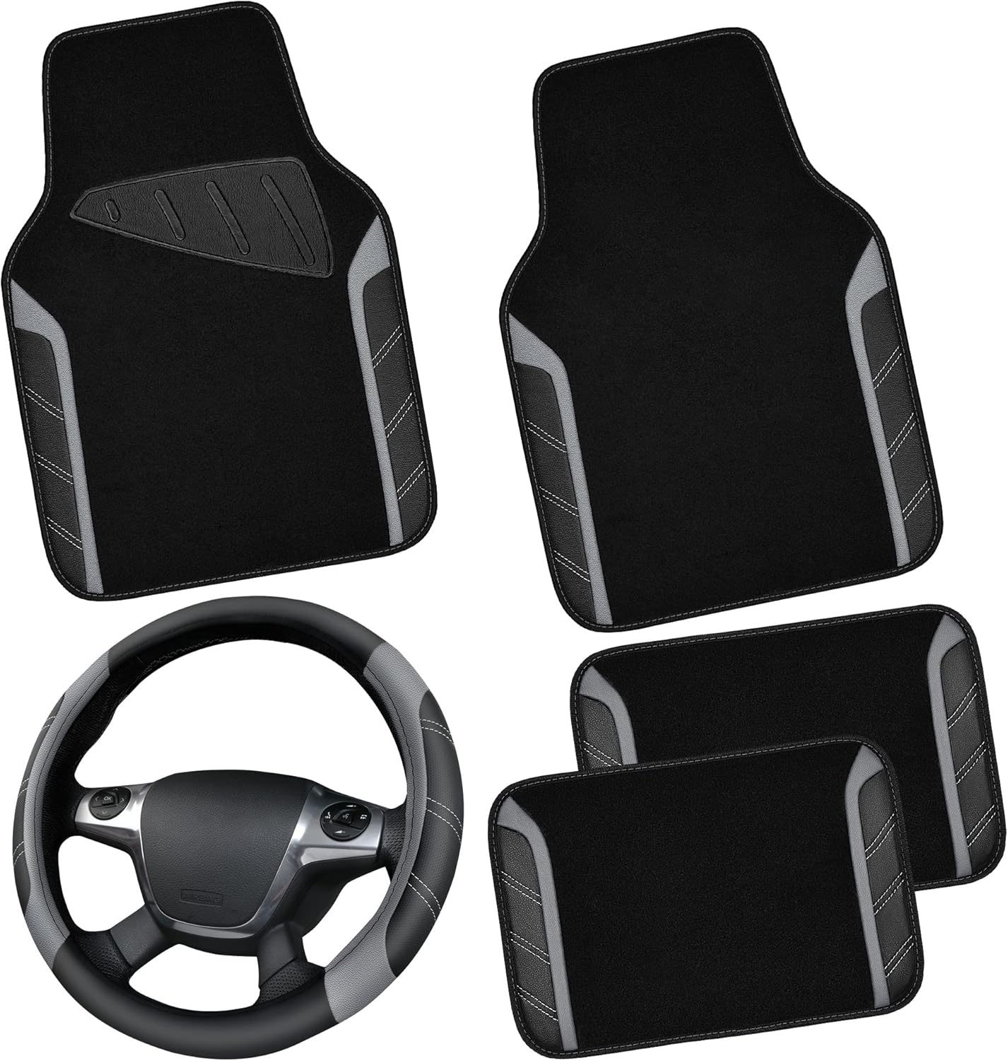CAR PASS Leather Steering Wheel Cover and Floor Mats Combo
