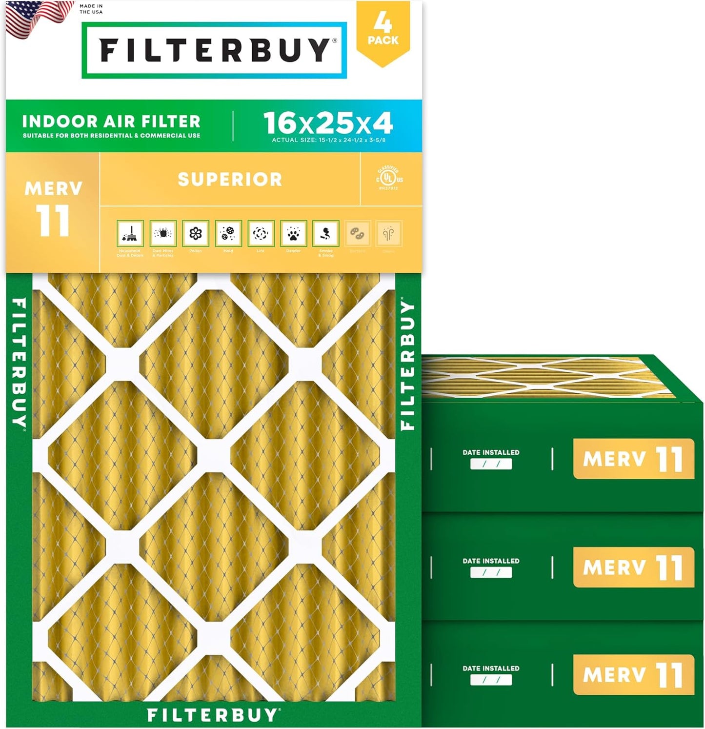 Filterbuy 16x25x4 Air Filter MERV 11 for Pet & Allergy Defense