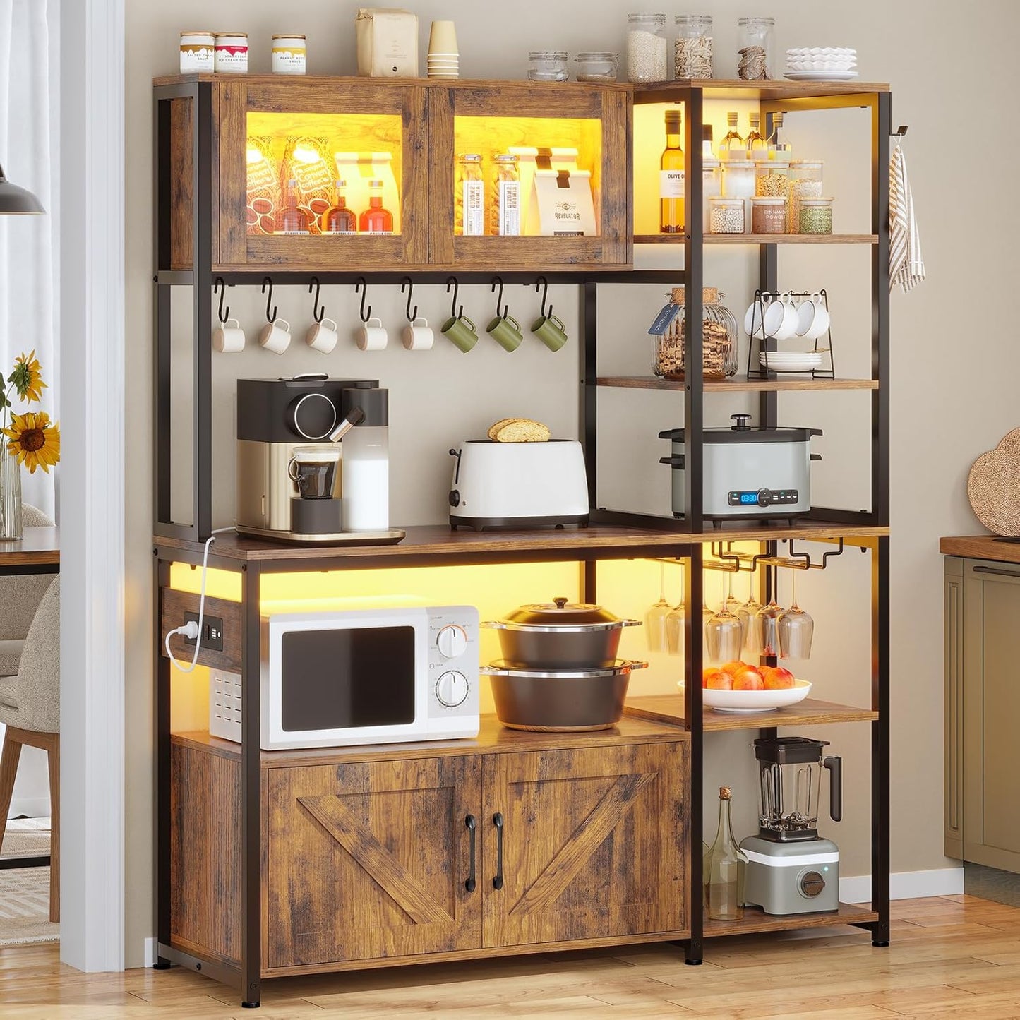 Farmhouse Baker's Rack: Power Outlet, LED Light