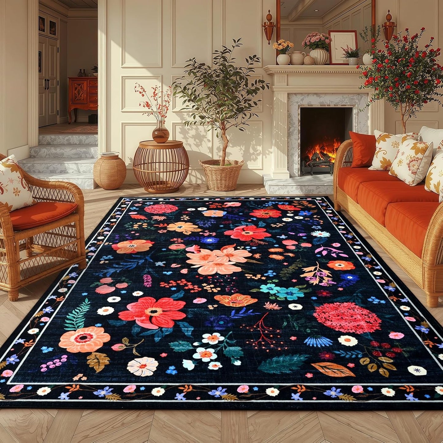 6x9 Black Floral Rug for Girls Bedroom, Machine Washable Area Rug