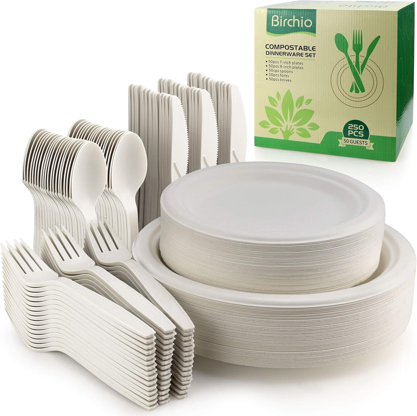 250 Piece Biodegradable Paper Plates Set for Eco Friendly Parties