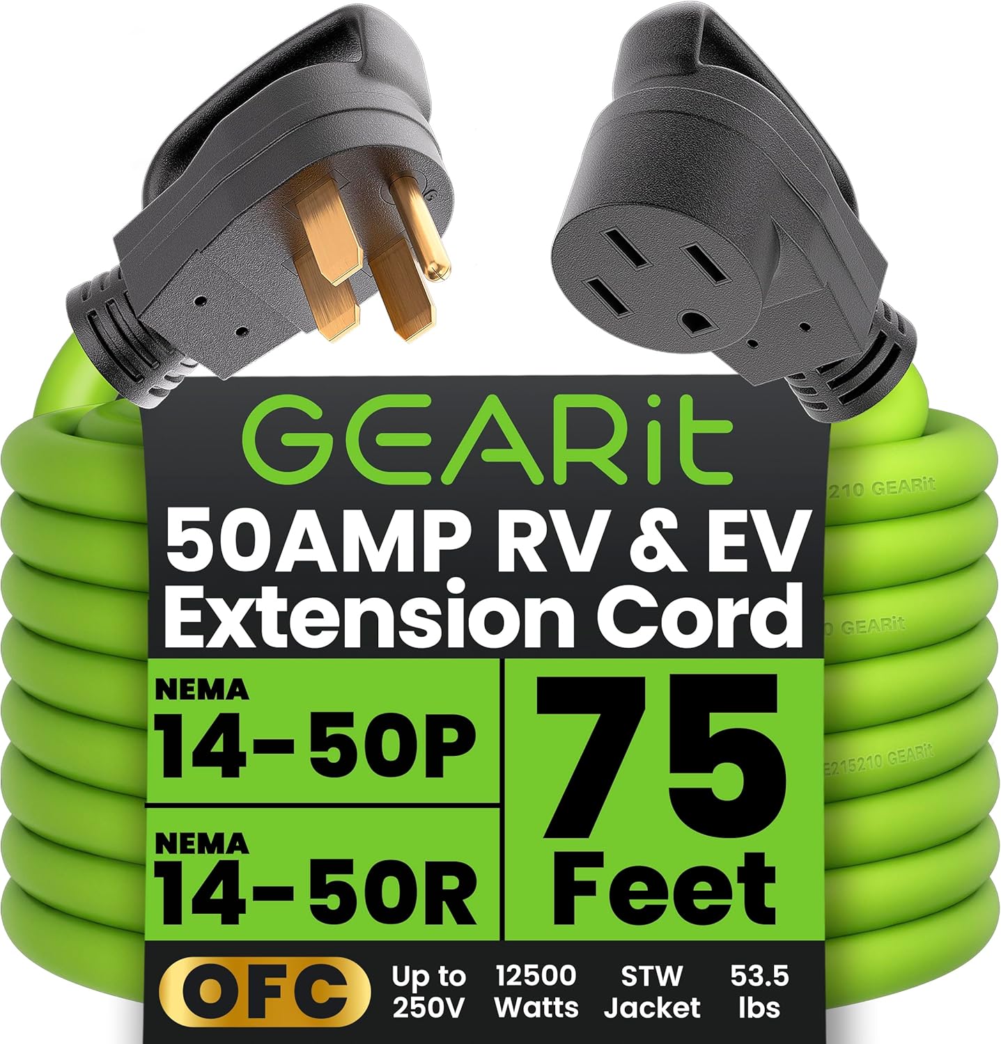50 Amp Extension Cord for RV & EV Charging - 75 ft Green