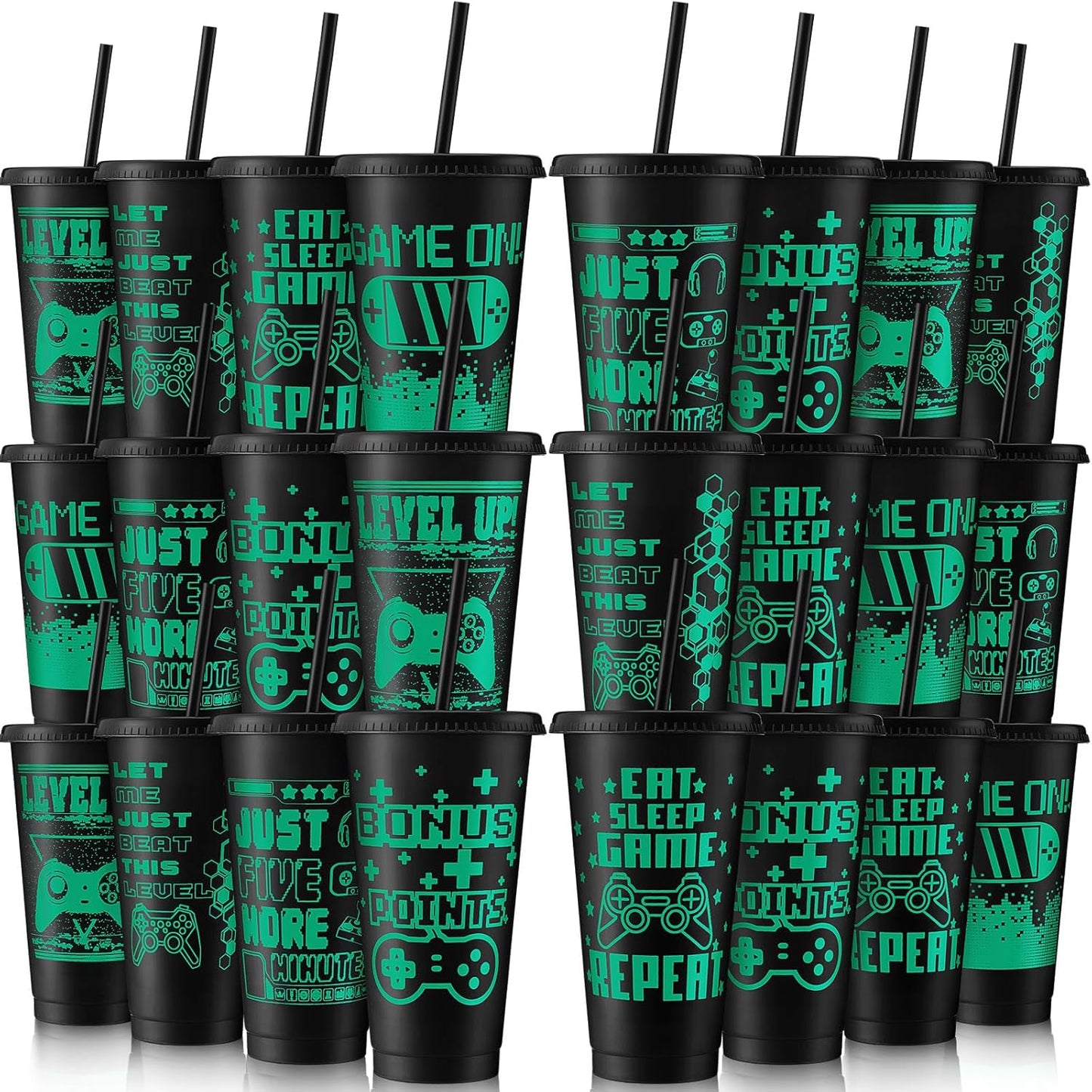 24 Pc Reusable Gaming Cups with Lid & Straw - Cute & Fun!
