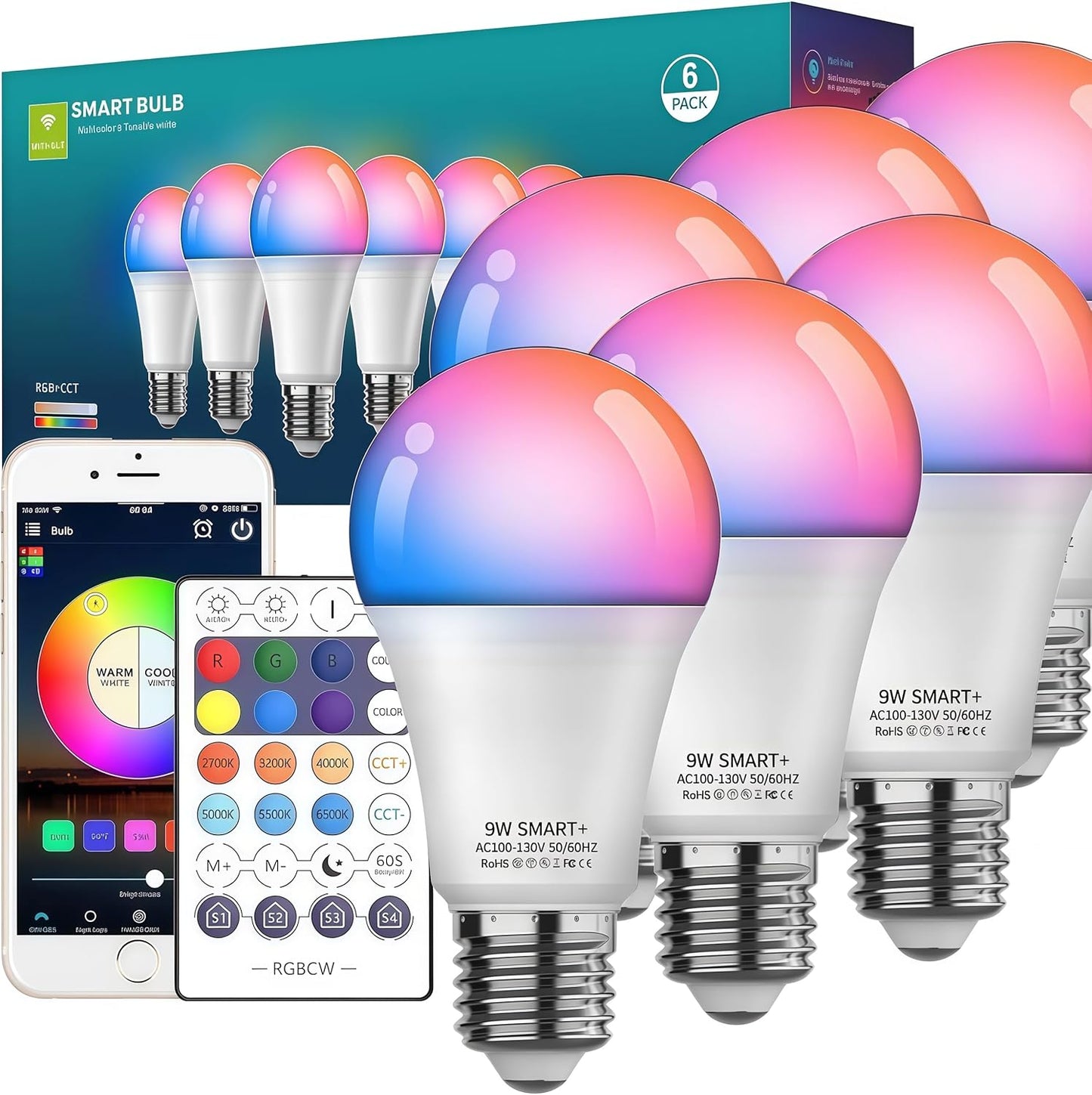 Smart Light Bulbs 6Pack with Remote for Home Automation