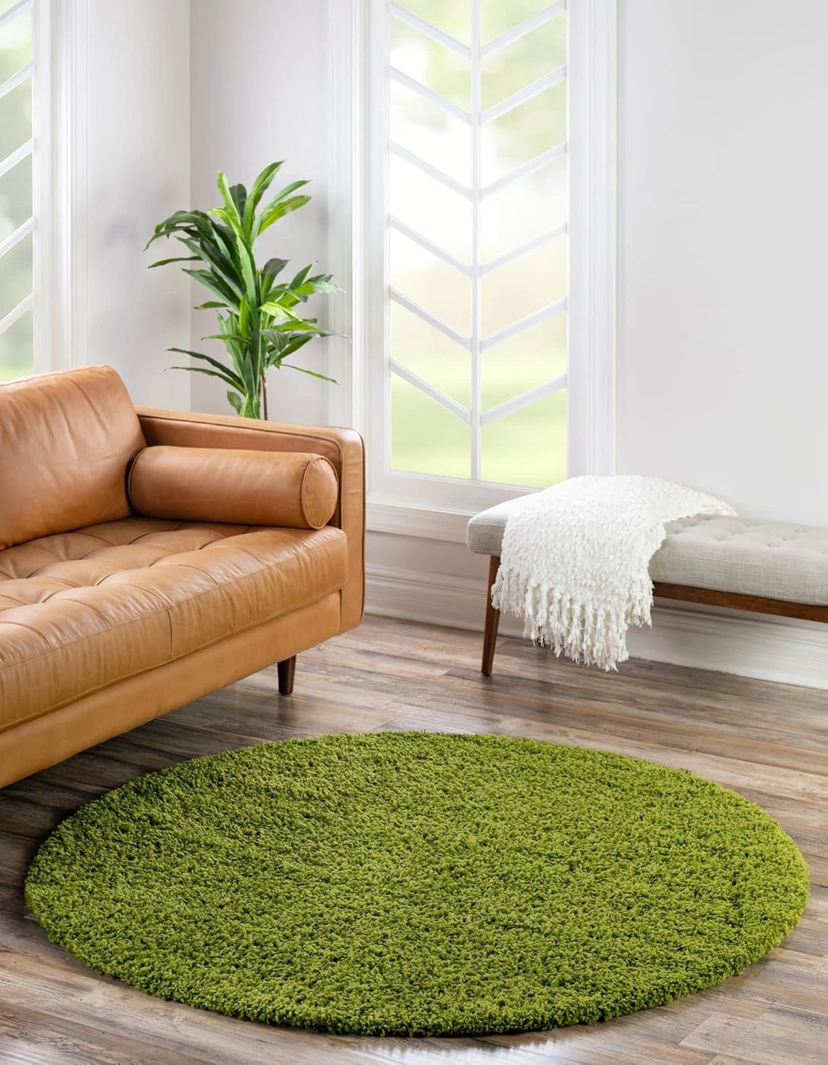 Uber Cozy Solid Shag Collection Rug 8 Ft Round Grass Green