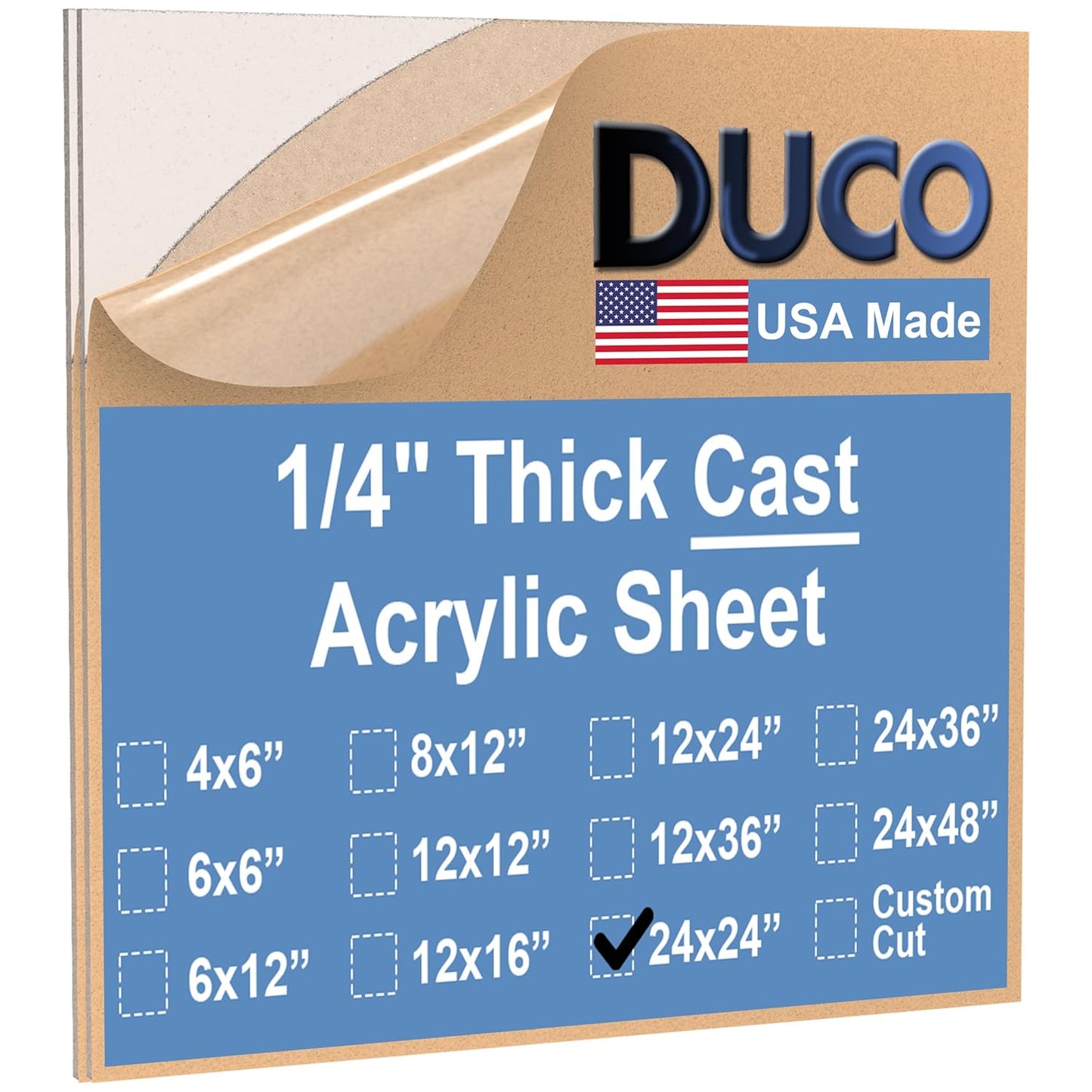 Duco USA-Made Clear Cast Acrylic Sheet 1/4 Inch Thick 24in x 24