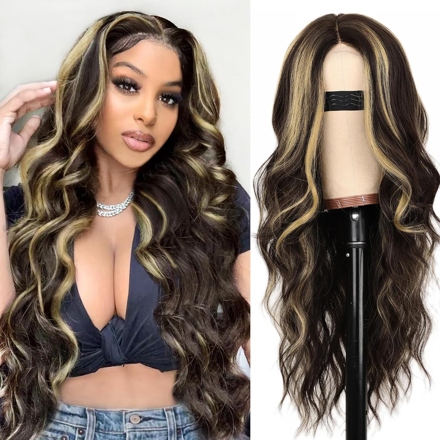 Long Wavy Dark Brown with Blonde Highlight Lace Wig for Women