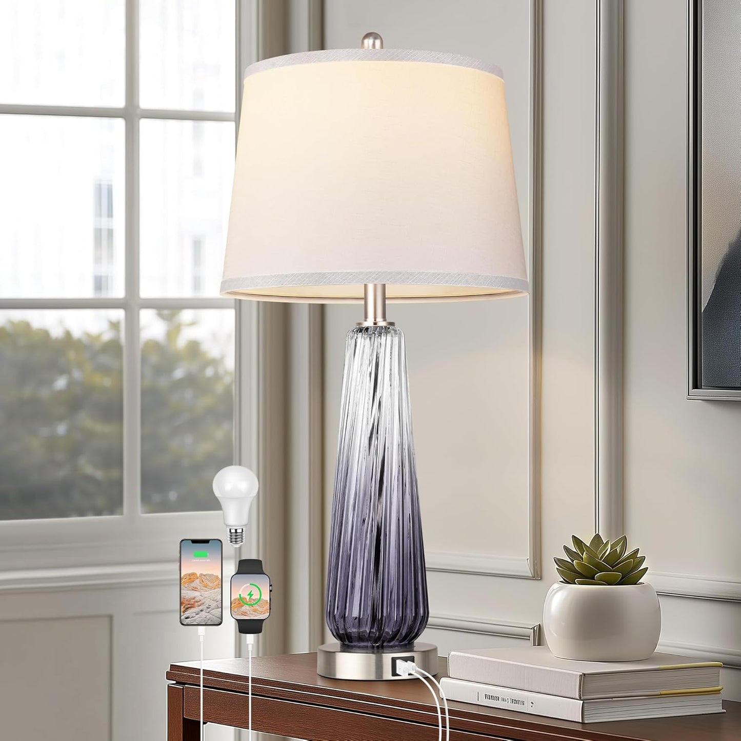 Elegant Glass Table Lamps for Living Room with USB Ports