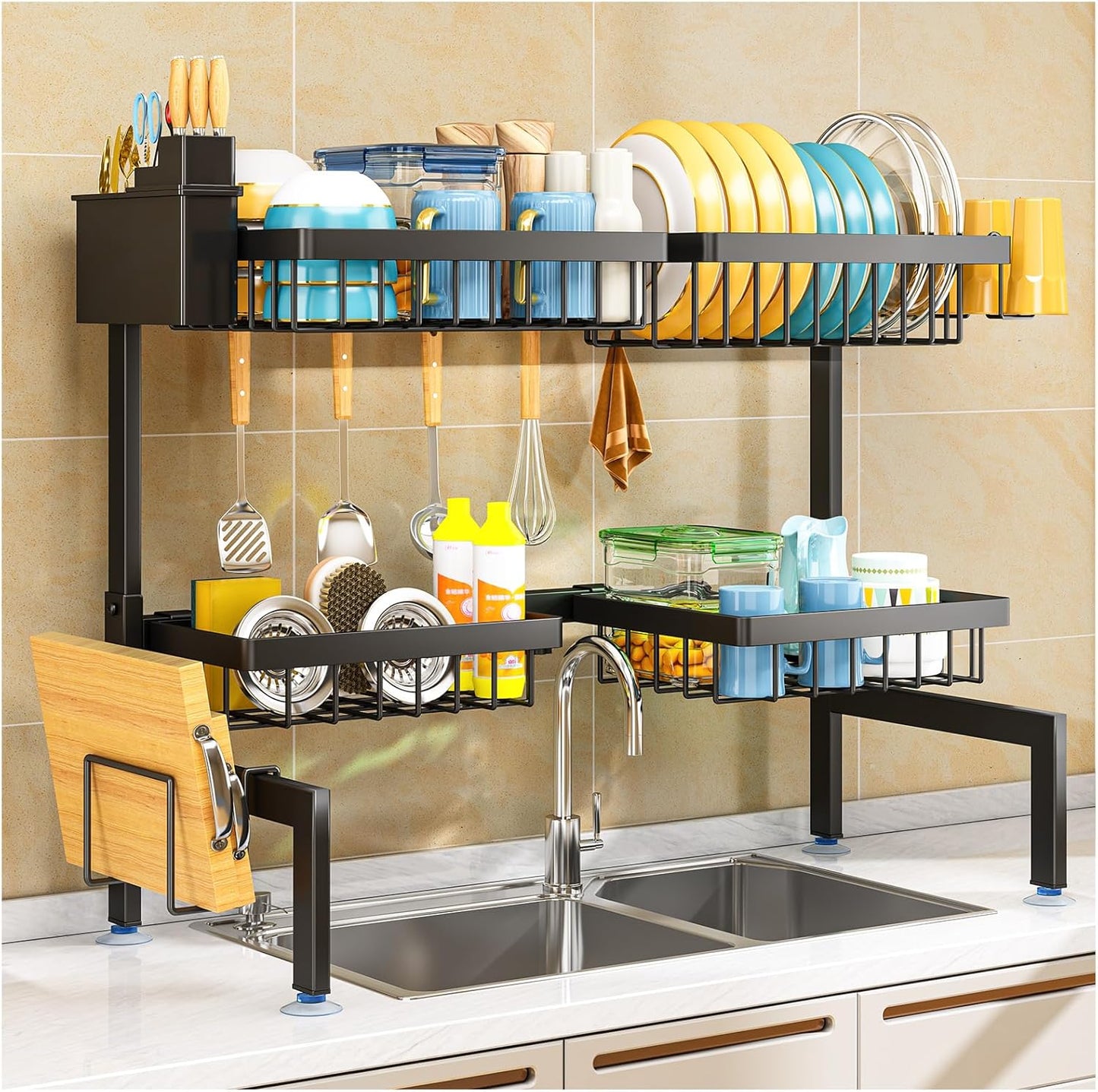 2 Tiers 4 Baskets Over The Sink Dish Drying Rack for All Sinks