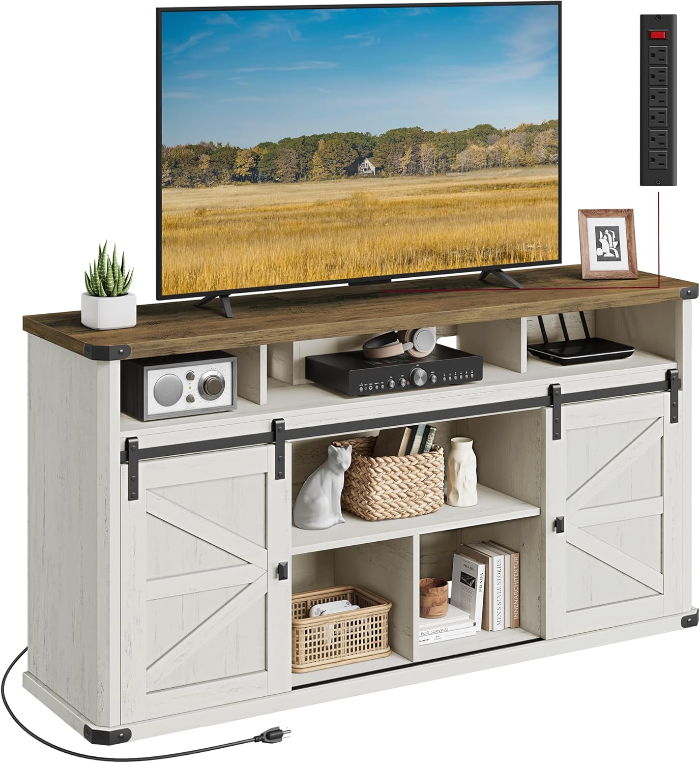 Rustic White TV Stand, Sliding Barn Doors, 65 TVs