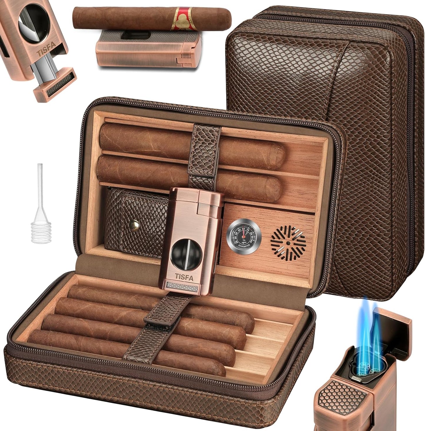 TISFA Cigar Travel Humidor with Torch Lighter and Accessories