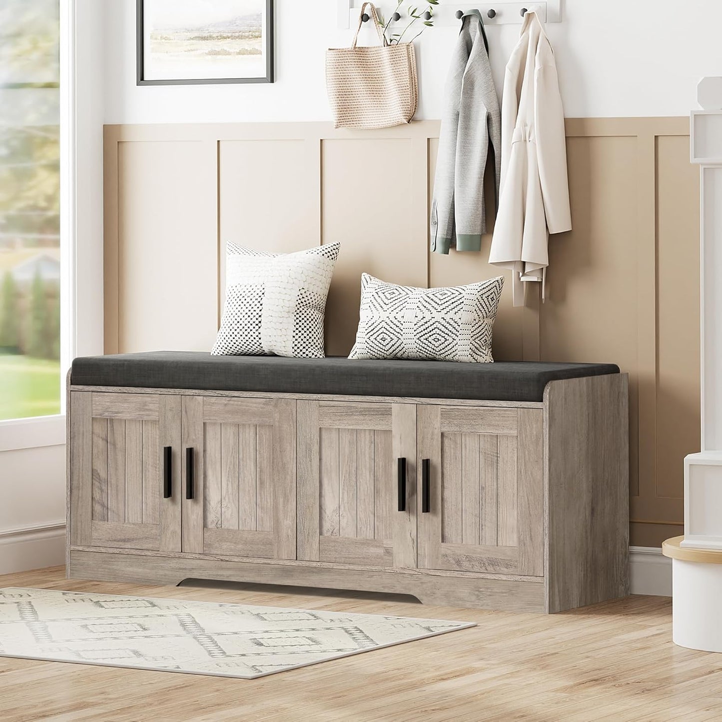 2-Tier Storage Bench with Padded Seat for Entryway and Living Room