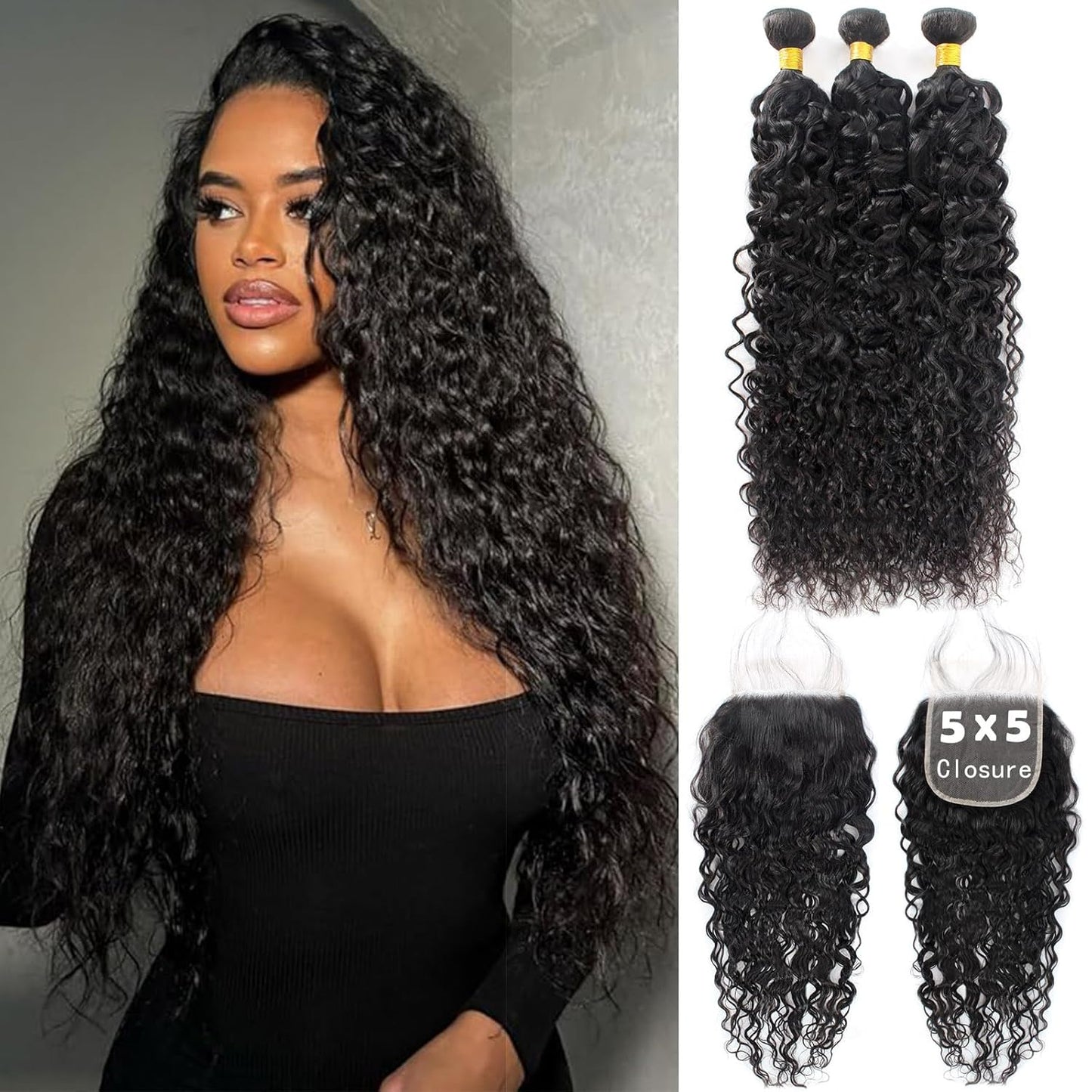 12A Water Wave Human Hair Bundles with 5x5 Lace Closure