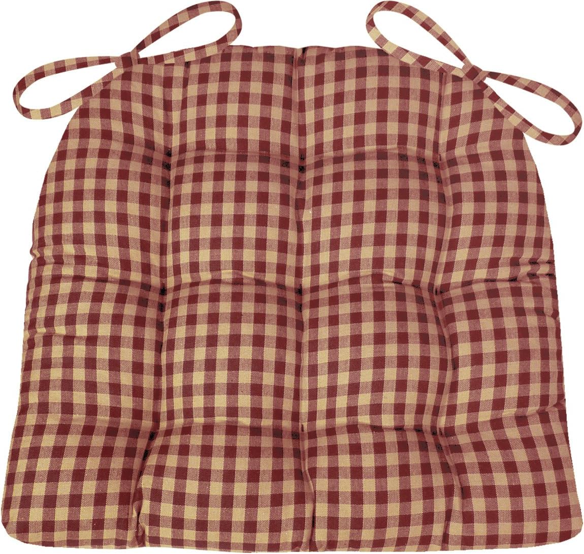 Farmhouse Check Dark Red & Tan Dining Chair Pad with Ties