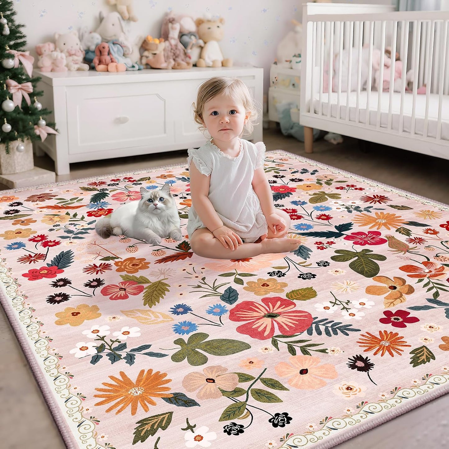 5x8 Boho Floral Area Rug Soft Washable Vintage Beige Carpet