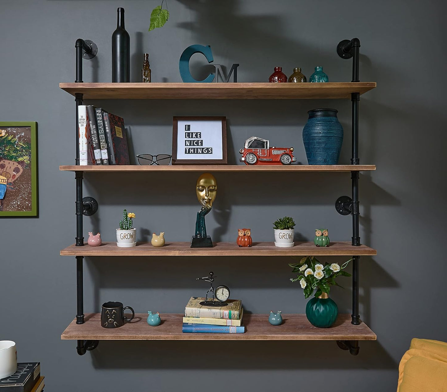 Industrial Floating Pipe Shelves with Wood Planks for Rustic Style
