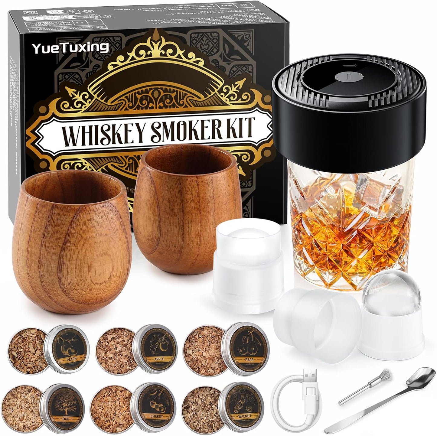 Electric Whiskey Smoker Kit with Wooden Glasses and Wood Chips