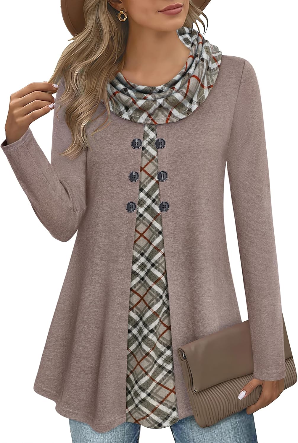 Bebonnie Womens Long Sleeve Cowl Neck Splicing Tunic Tops