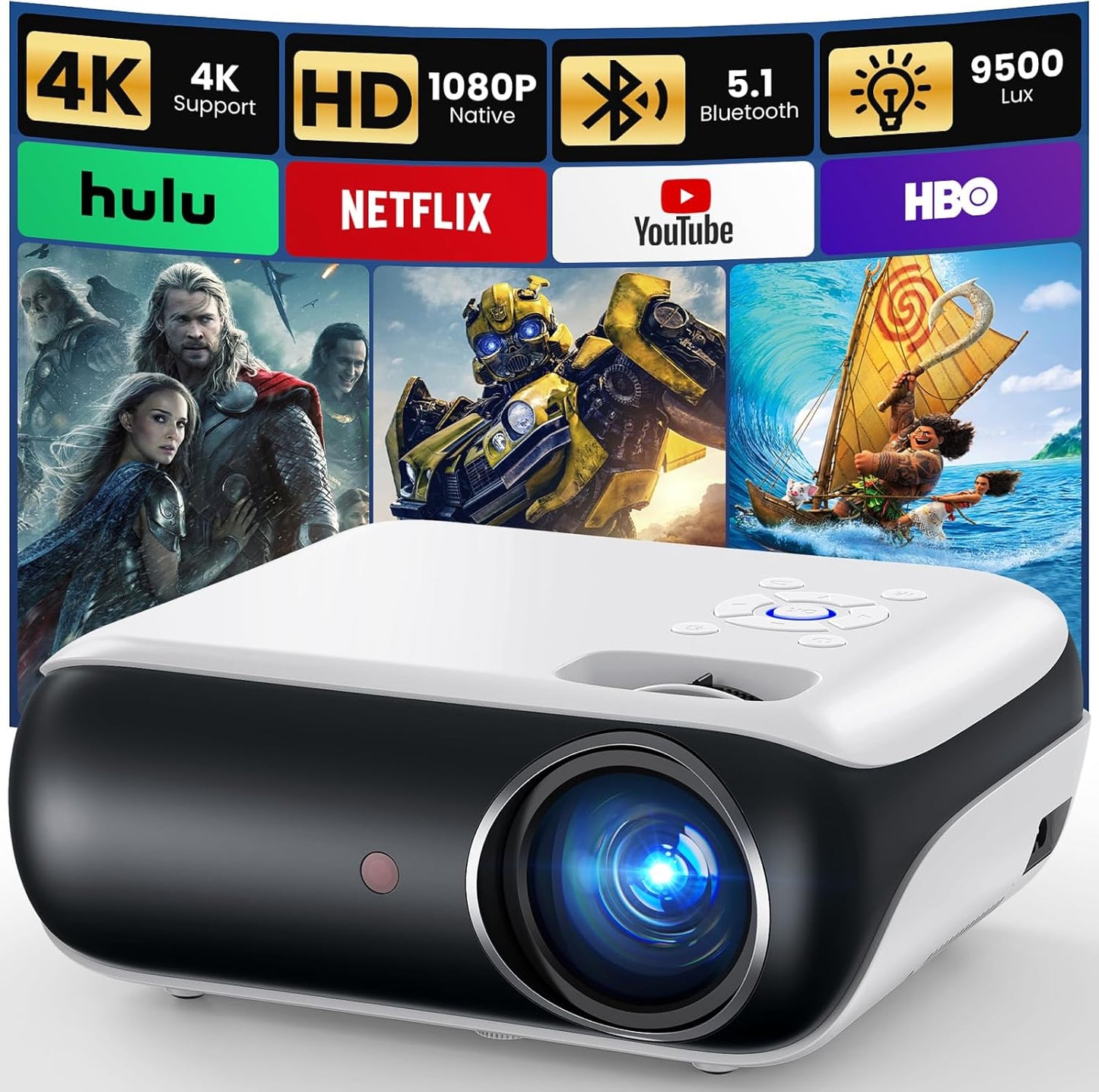 HAPPRUN 1080P Bluetooth Projector - Portable Home Theater