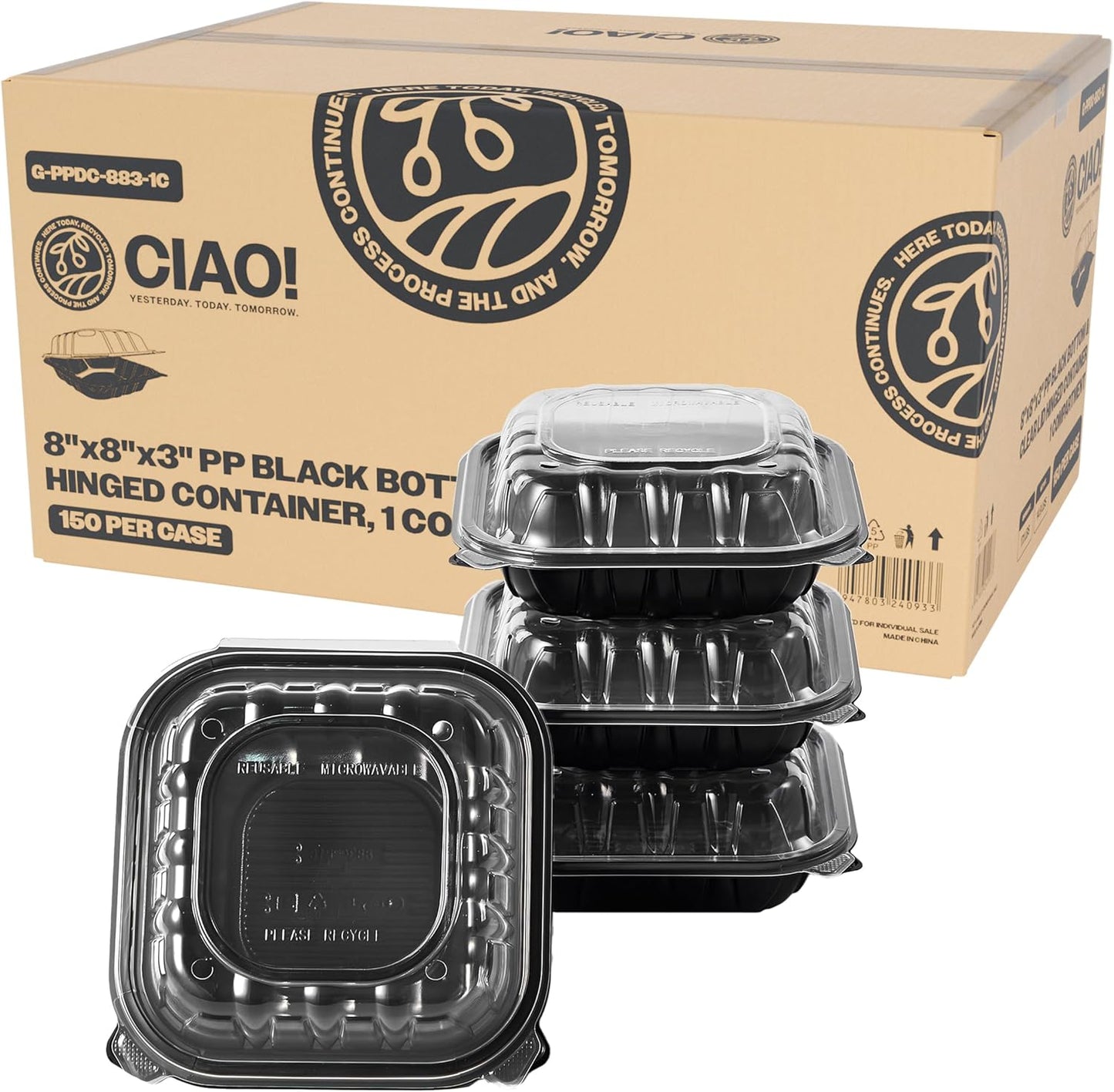 CIAO! 8x8x3 Polypropylene Black Bottom Clear Lid Container