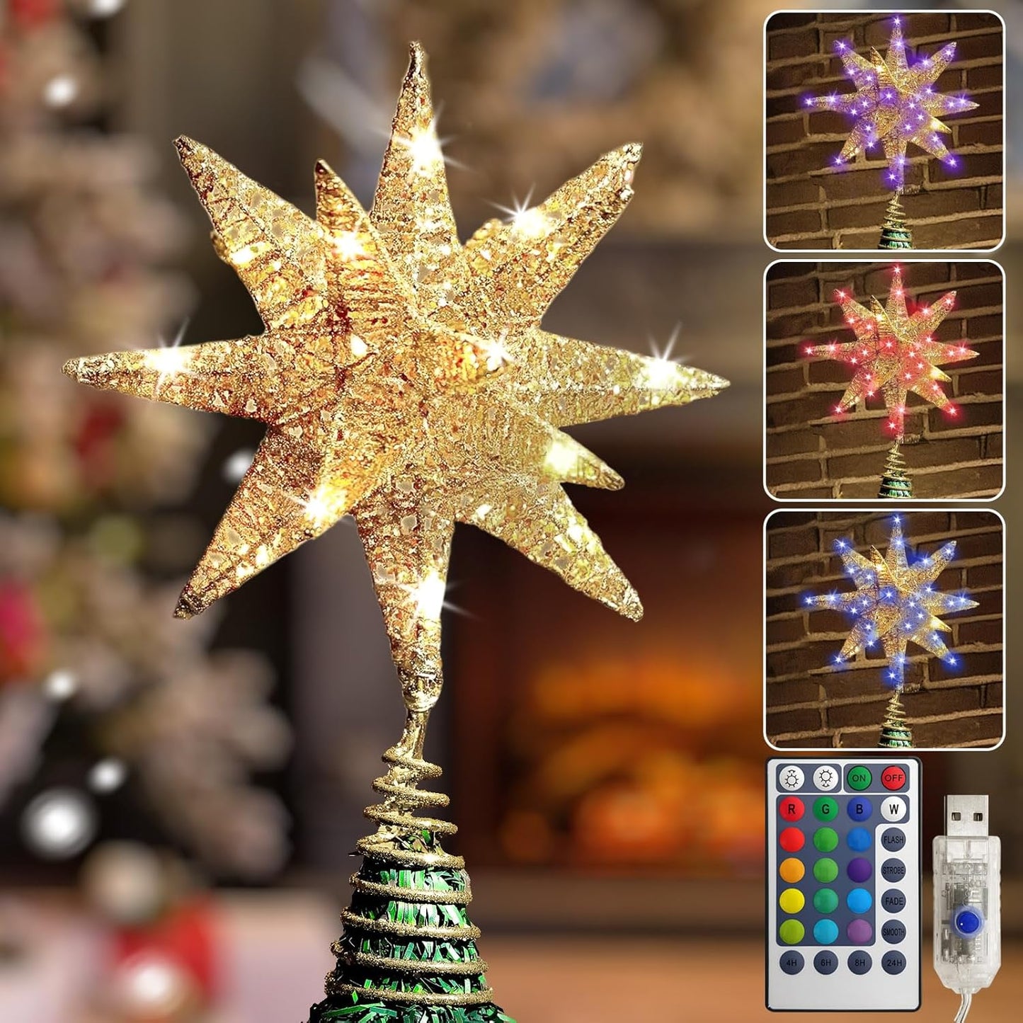 Champagne Gold Christmas Tree Topper Star with LED Lights