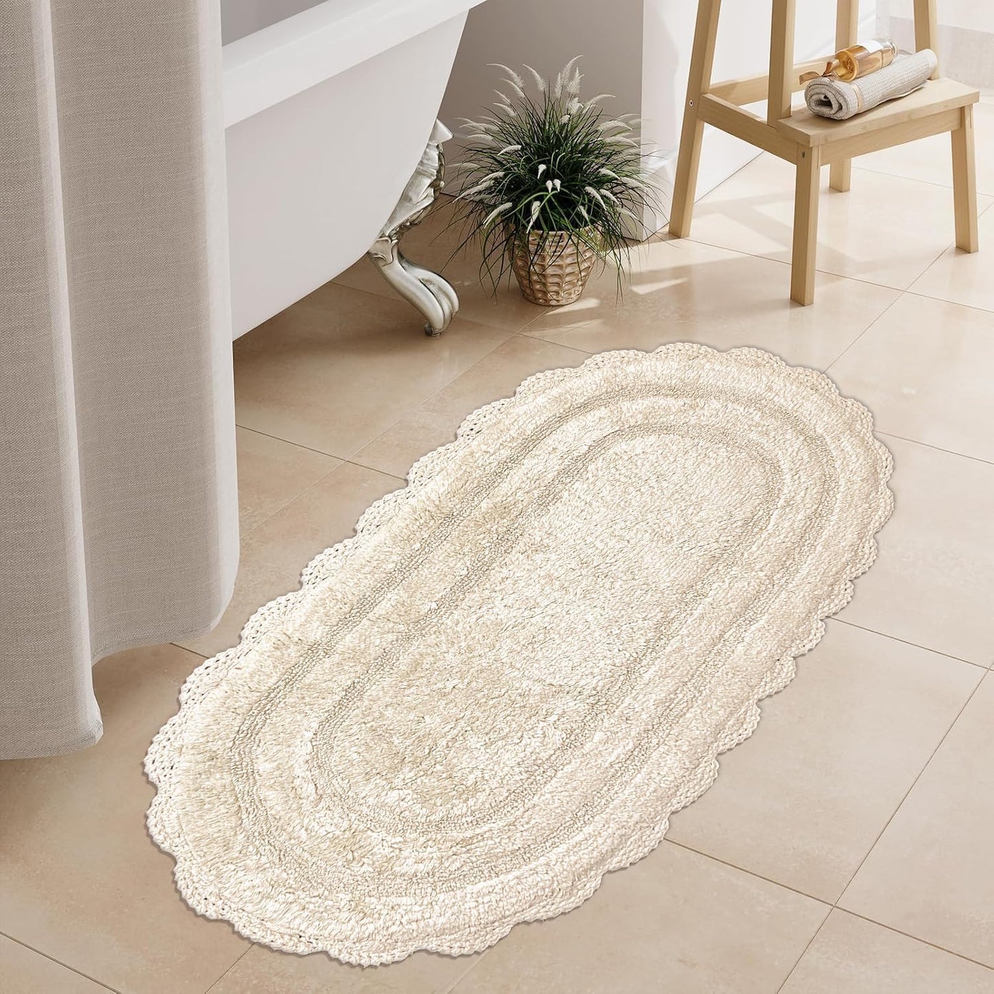 Ivory Crochet Bath Runner Rug - Soft Cotton Oval Bathmat