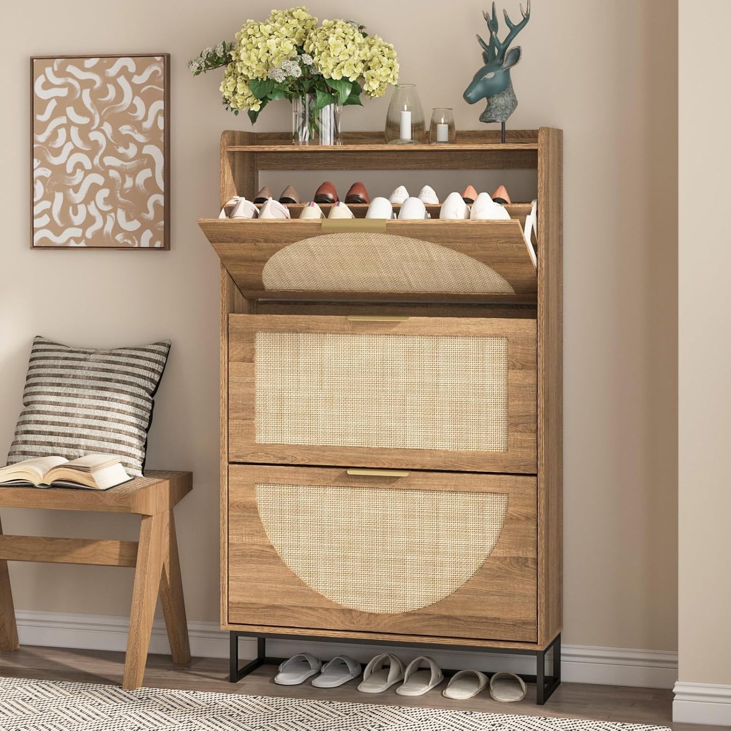 Maupvit Rattan Shoe Storage Cabinet with 3 Flip Drawers