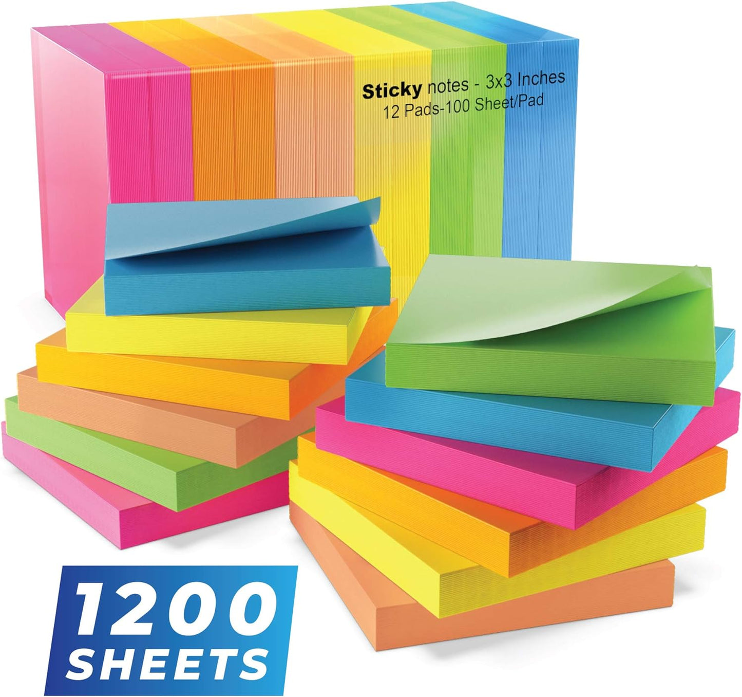 Infiniko Sticky Notes - Bright Colors, Super Sticky - 100 Sheets/Pad