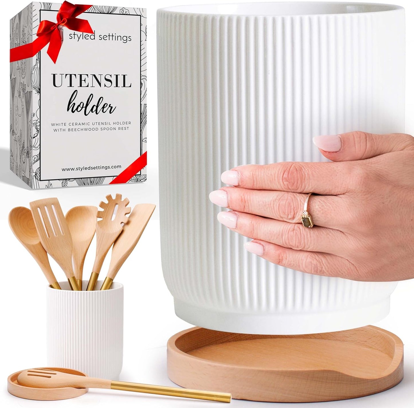 STYLED SETTINGS White Ceramic Utensil Holder & Spoon Rest