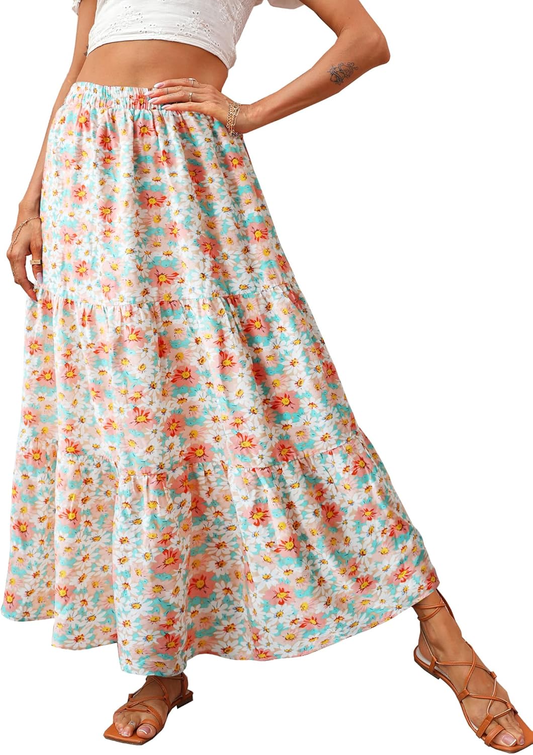 KIRUNDO Women's High Waist Boho Floral Maxi Skirt for All Seasons