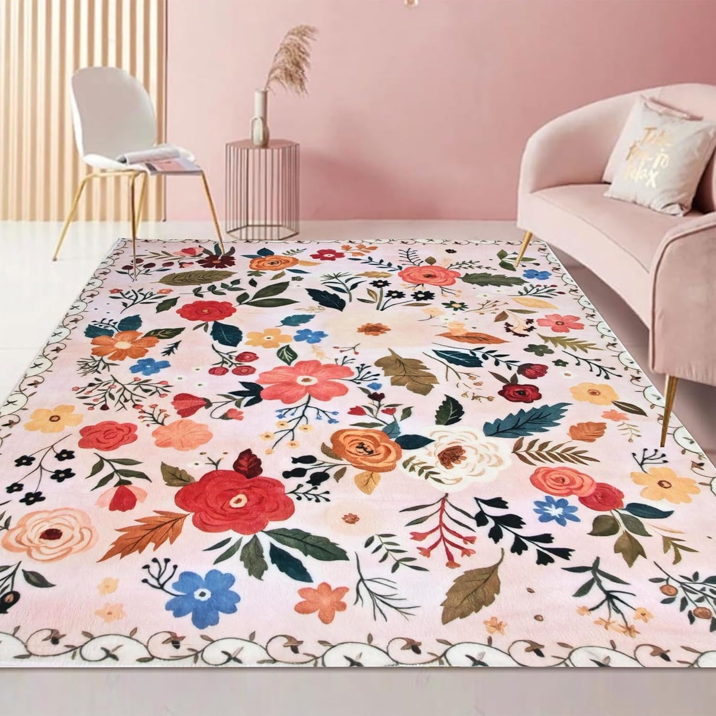 Floral Rug 4x6 Washable Low Pile Vintage Soft Print Carpet